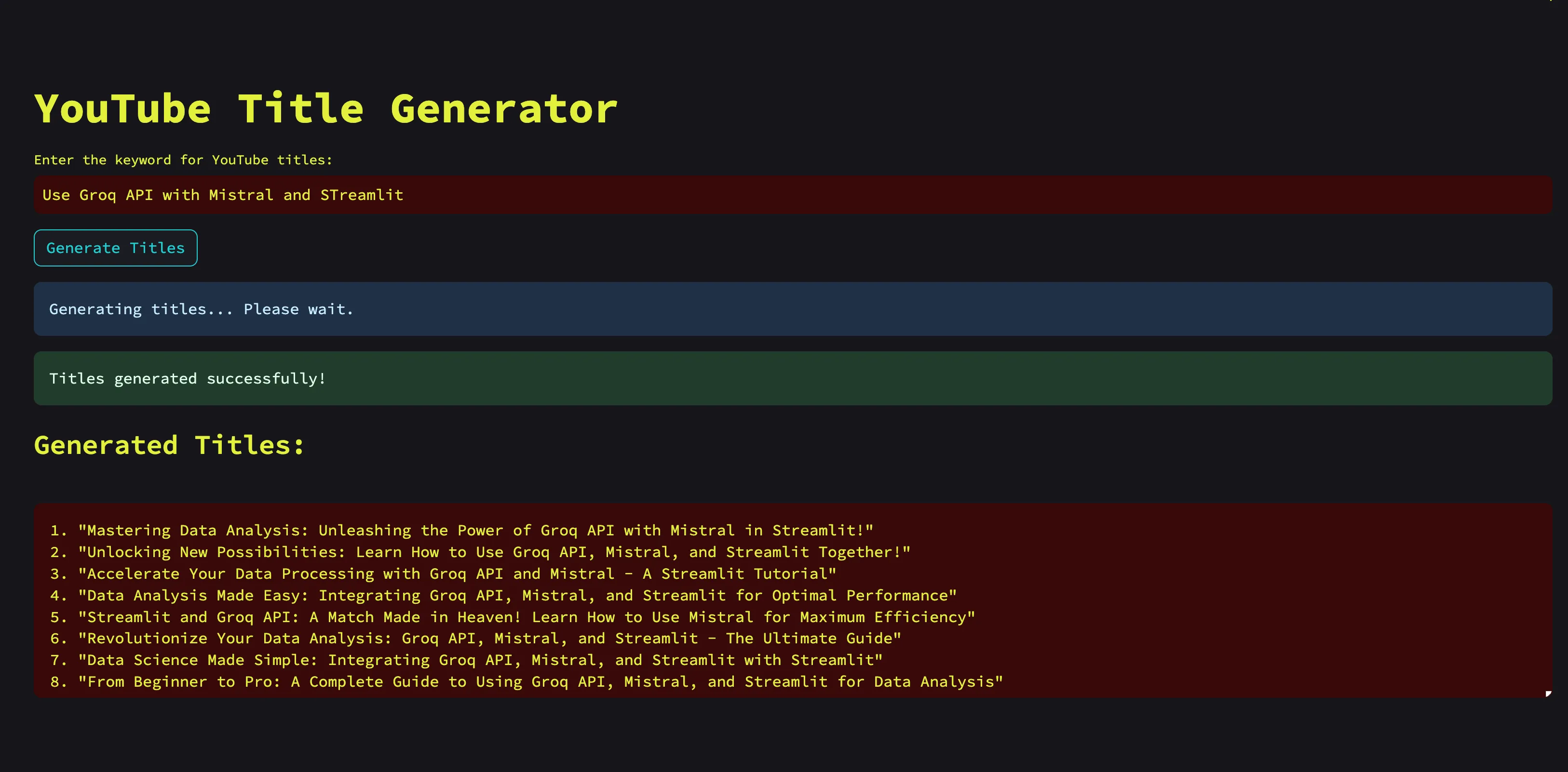 Streamlit YouTube Title Generator app running with Groq API and Llama 3.1 model
