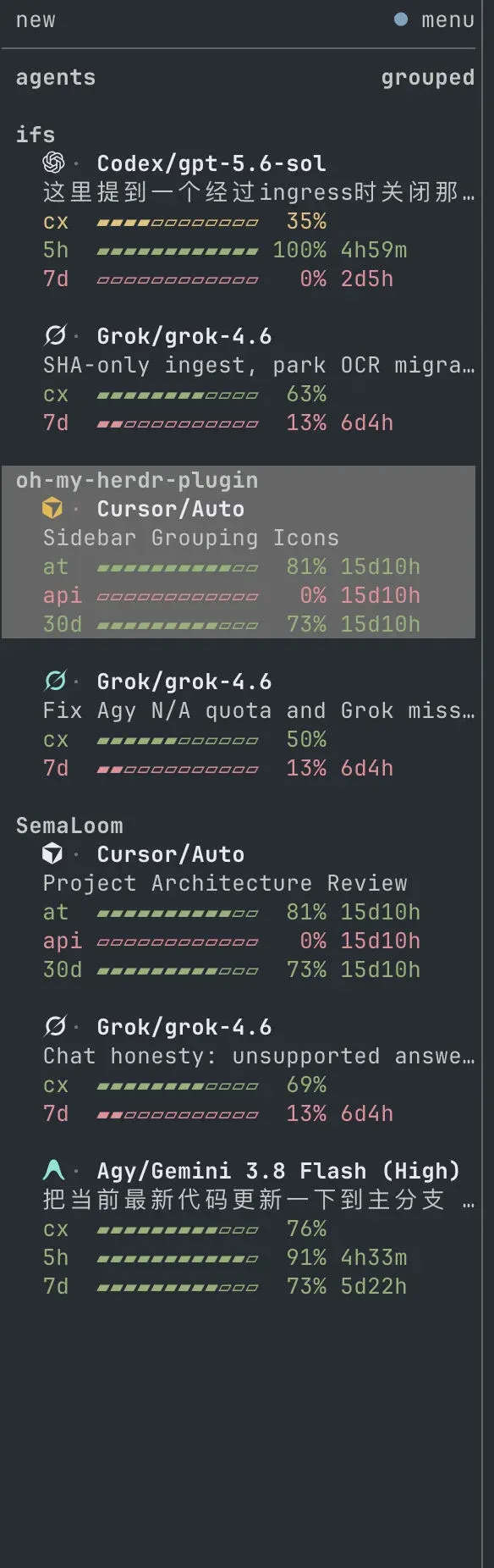 herdr-agent-usage sidebar: per-agent context, API and weekly-usage gauges grouped by project