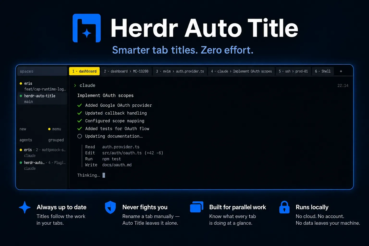 herdr-auto-title: tab bar with generated names like claude-1:oauth and git-branch titles instead of generic pane numbers