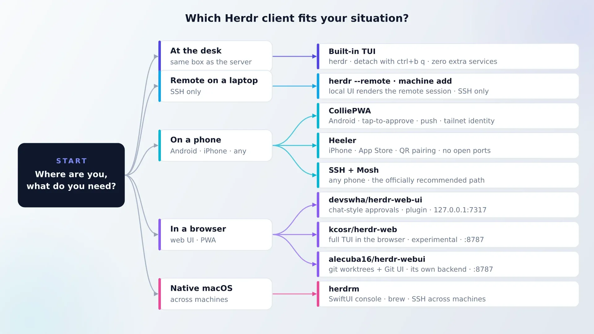 Flowchart matching your situation (desk, phone, browser, macOS) to the best Herdr client
