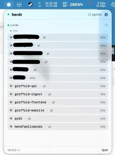 herdr-remote’s macOS menu bar app: a dropdown listing twelve agents with their idle/working state