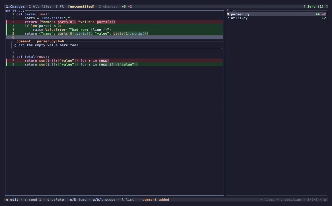 herdr-reviewr running inside the Herdr TUI: a git diff pane with a line comment queued to send back to the agent