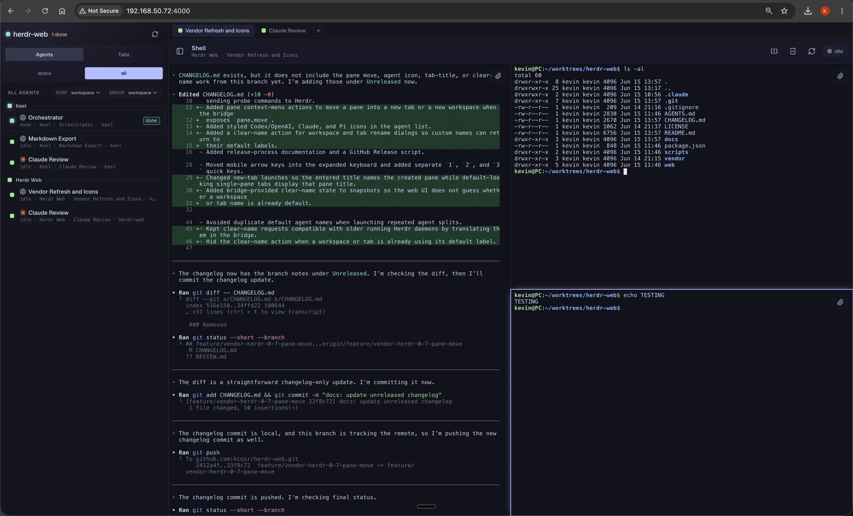 kcosr/herdr-web on desktop: a chat transcript beside real terminal panes in the browser