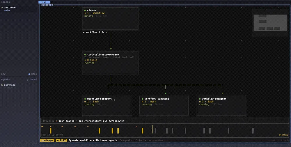zoetrope’s live flow graph: agent nodes with running/idle state flowing through a session