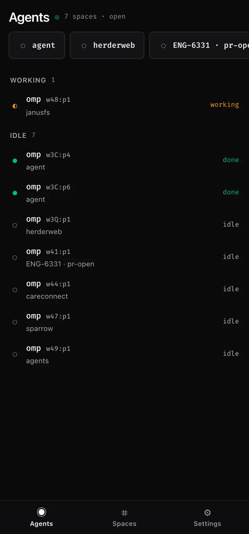 herdrweb agent inbox on a phone: every agent across every space sorted working, done, idle