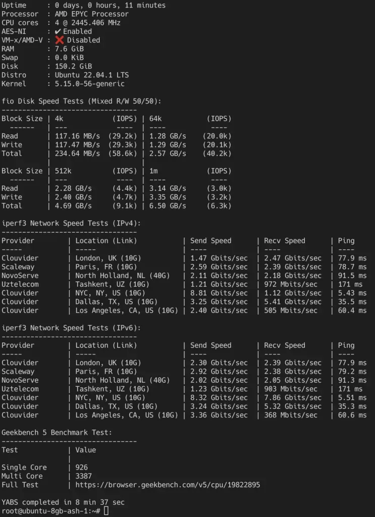 x86 AMD VPS yabs.sh benchmark results