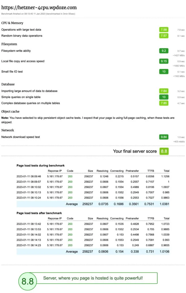Hetzner 4 CPU WordPress benchmark score