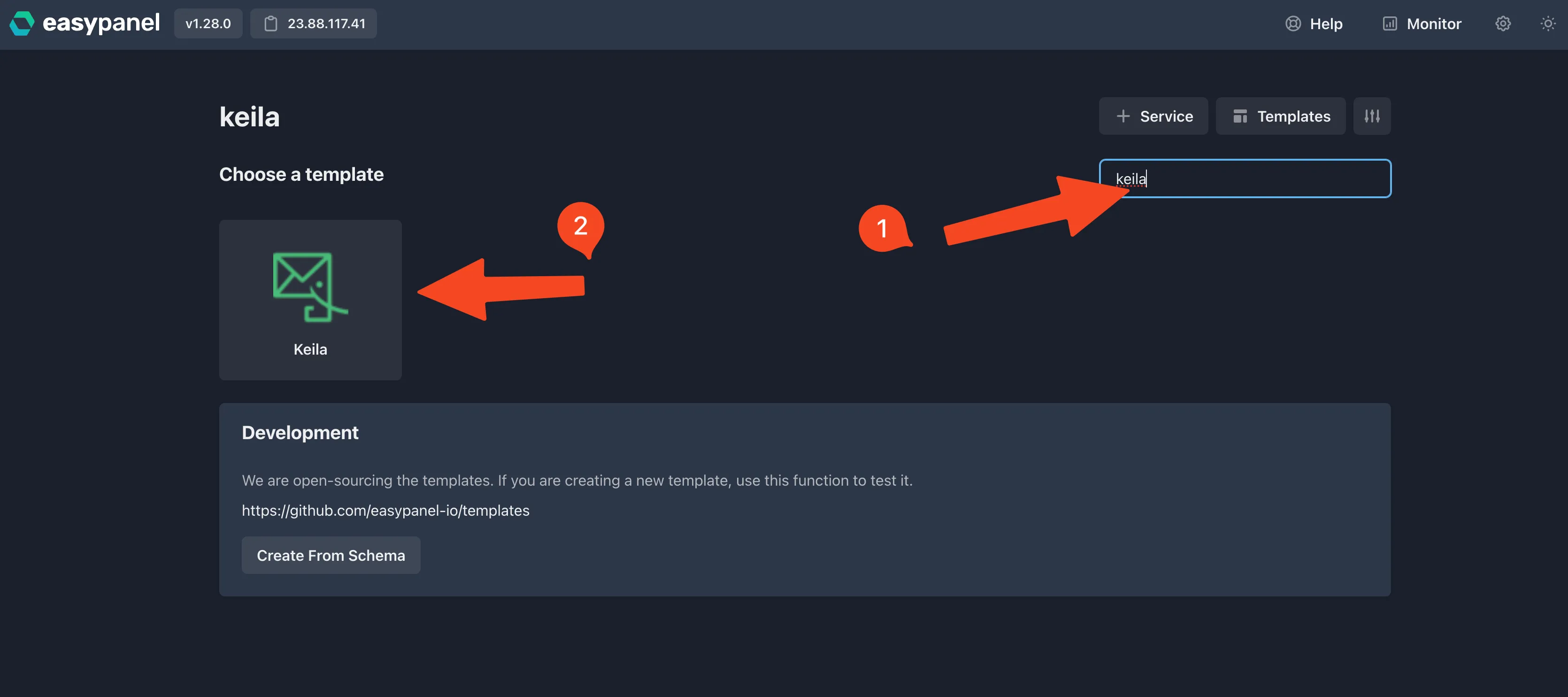 EasyPanel template selection showing Keila newsletter platform option