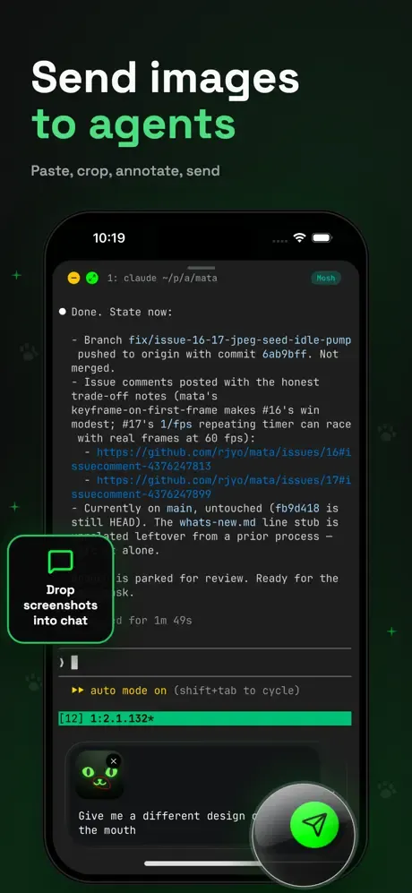 Moshi on iPhone running a Claude Code session over Mosh, with the paste-screenshots-into-chat feature highlighted