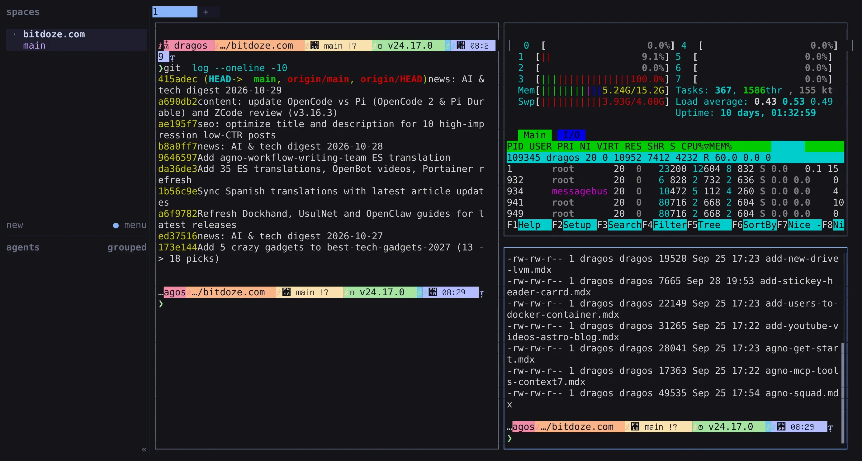 Herdr 0.9 with the spaces sidebar on the left listing the session and agent groups, and three panes running git log, htop and a file listing
