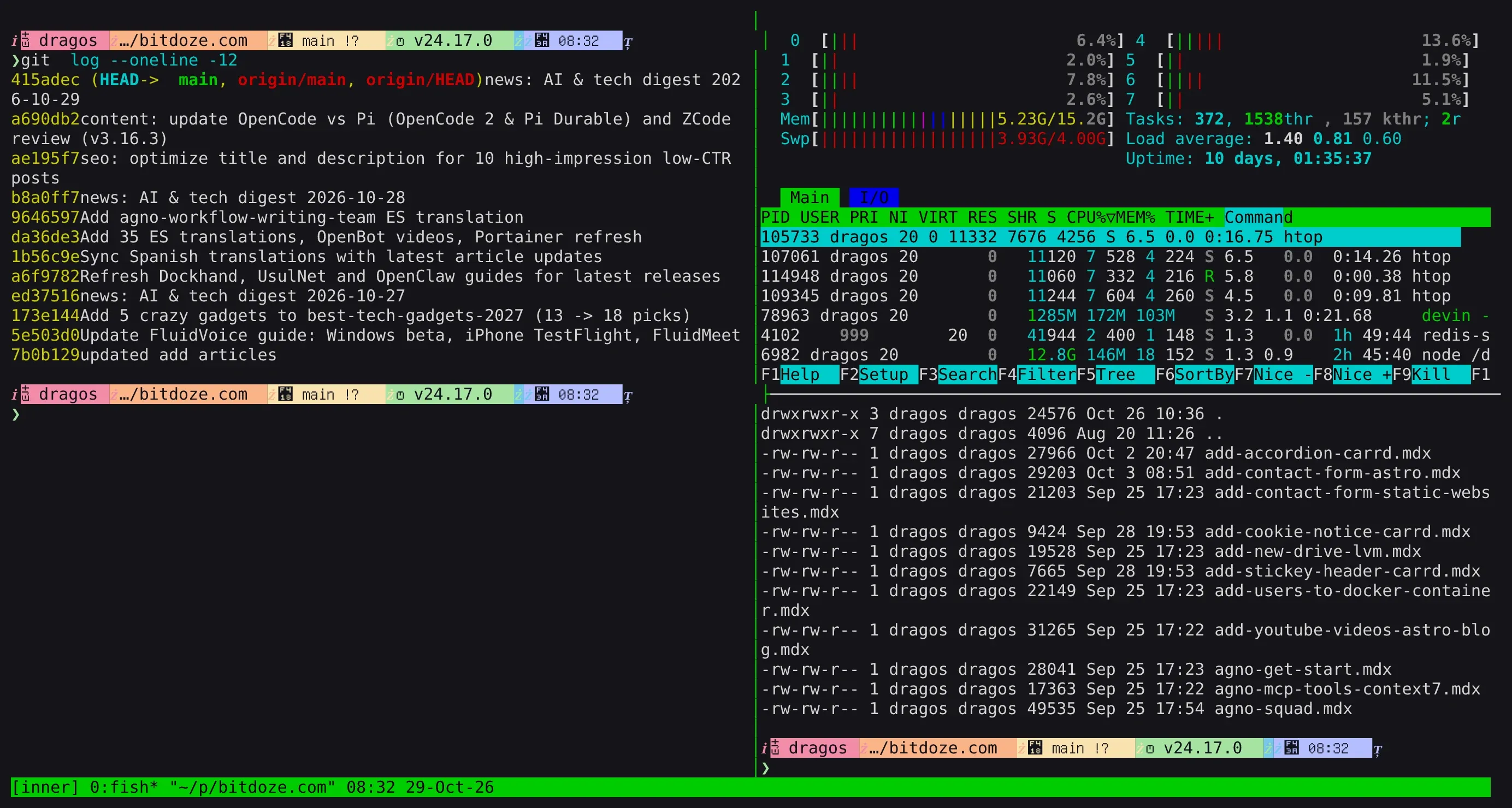 tmux 3.x running a three-pane layout: git log on the left, htop top-right and a file listing bottom-right, with the green status bar