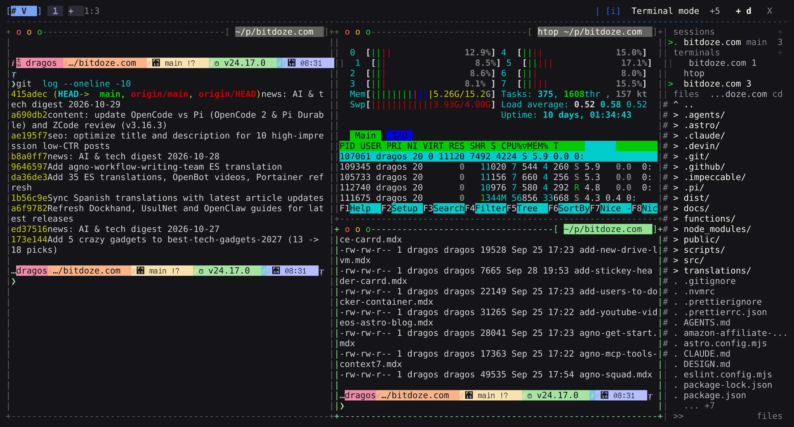 TuiOS 0.11.1 with three tiled windows (git log left, htop top-right, file listing bottom-right) plus the dock bar on top and the session rail on the right listing sessions, terminals and files