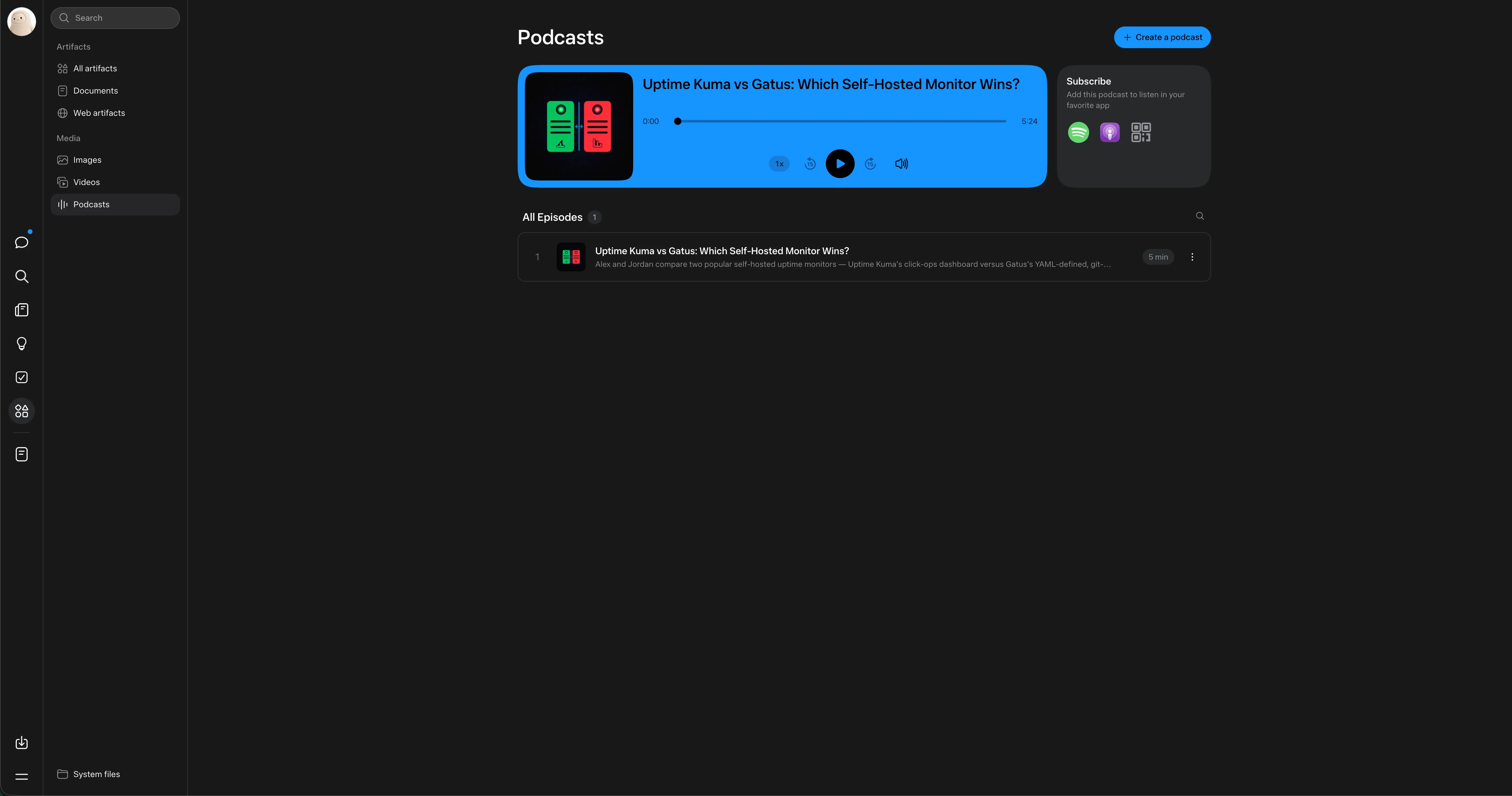 Muse Library view showing the Podcasts section: a generated episode with an inline player, a subscribe box for adding the RSS feed to a podcast app, and an All Episodes list