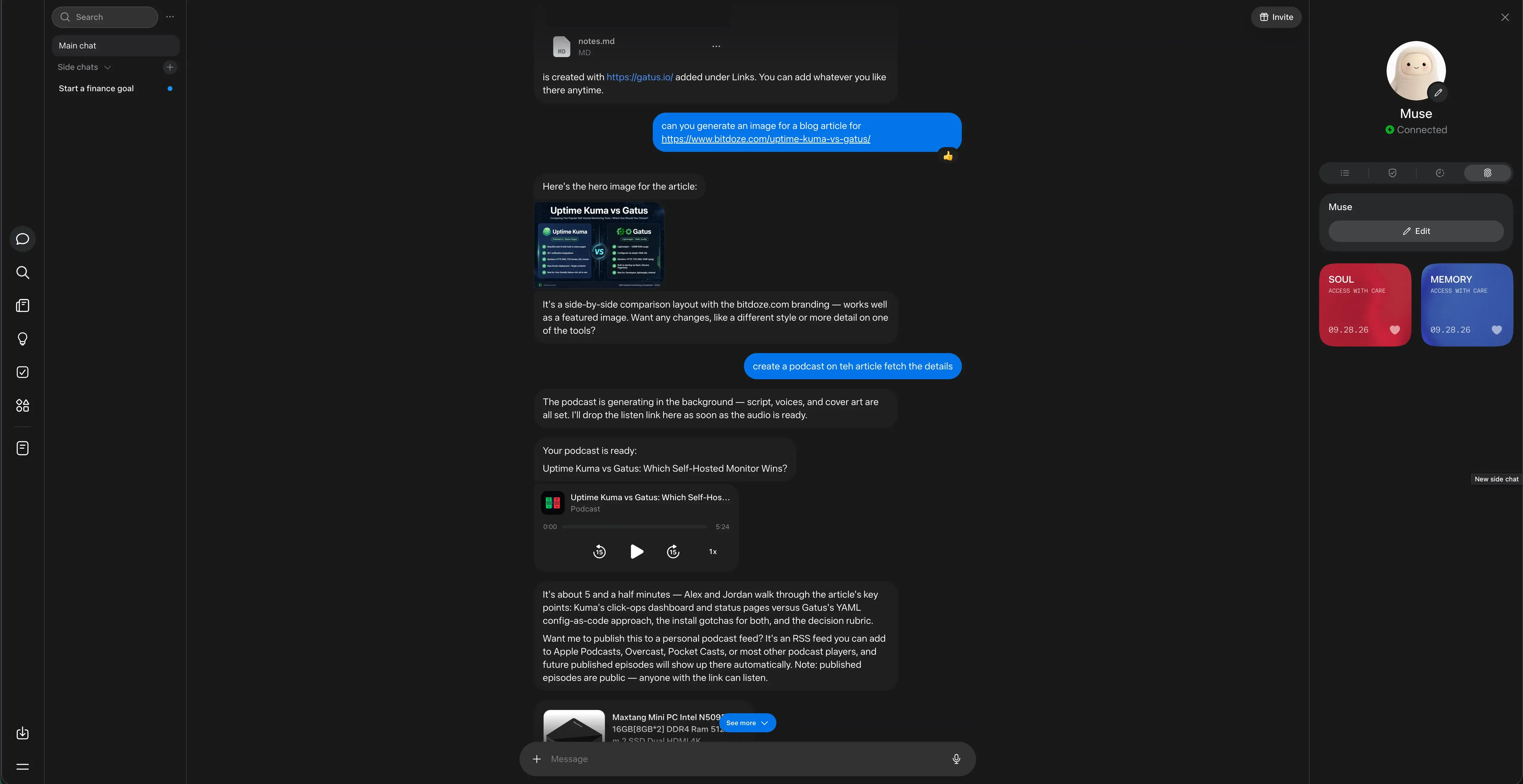 Muse web app main chat: one long conversation in the center, side chats in the left rail, and the avatar with SOUL and MEMORY cards on the right