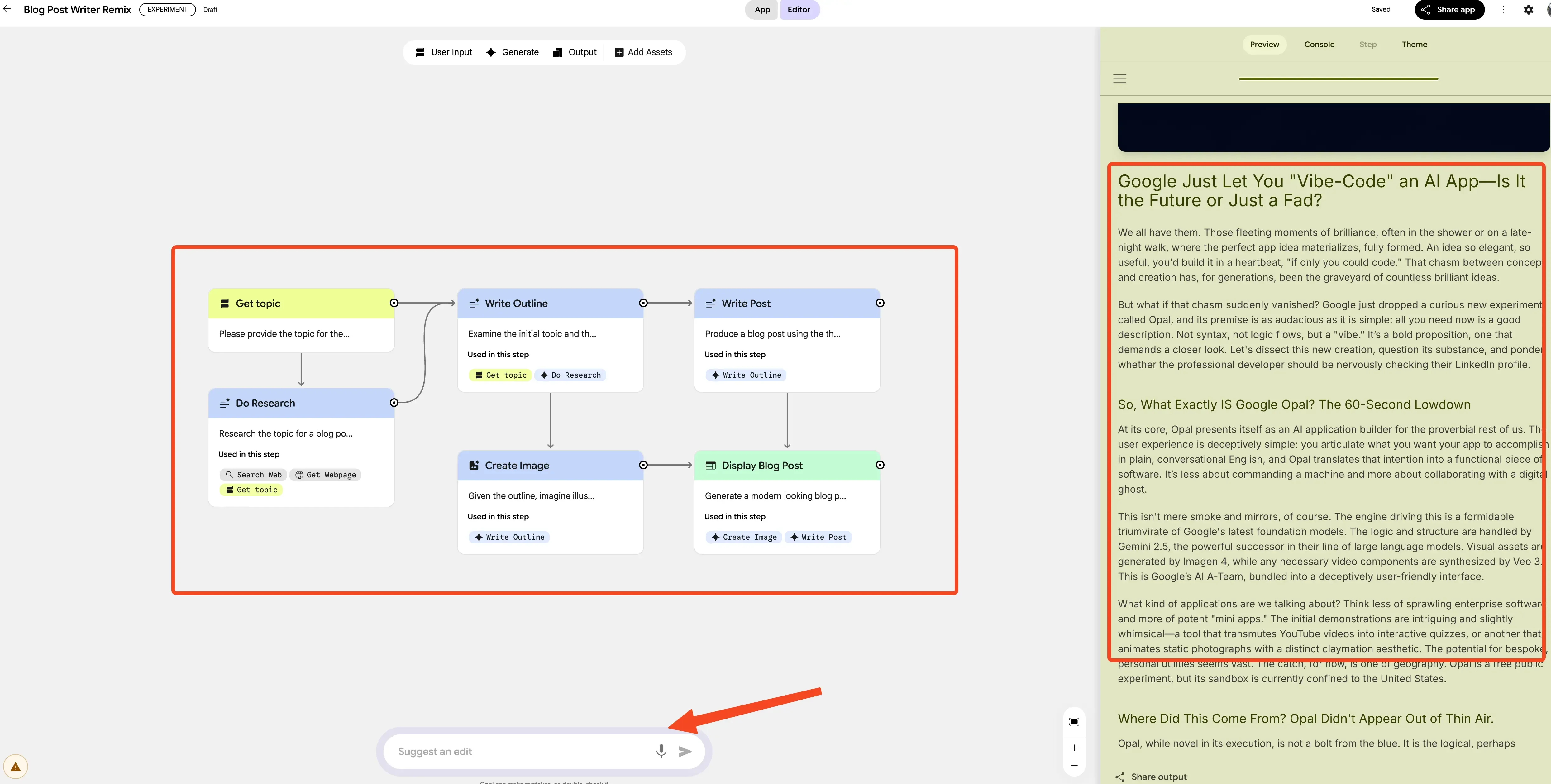 Vista general del creador de apps de IA Google Opal mostrando los pasos de flujo de trabajo Input, Generate y Output