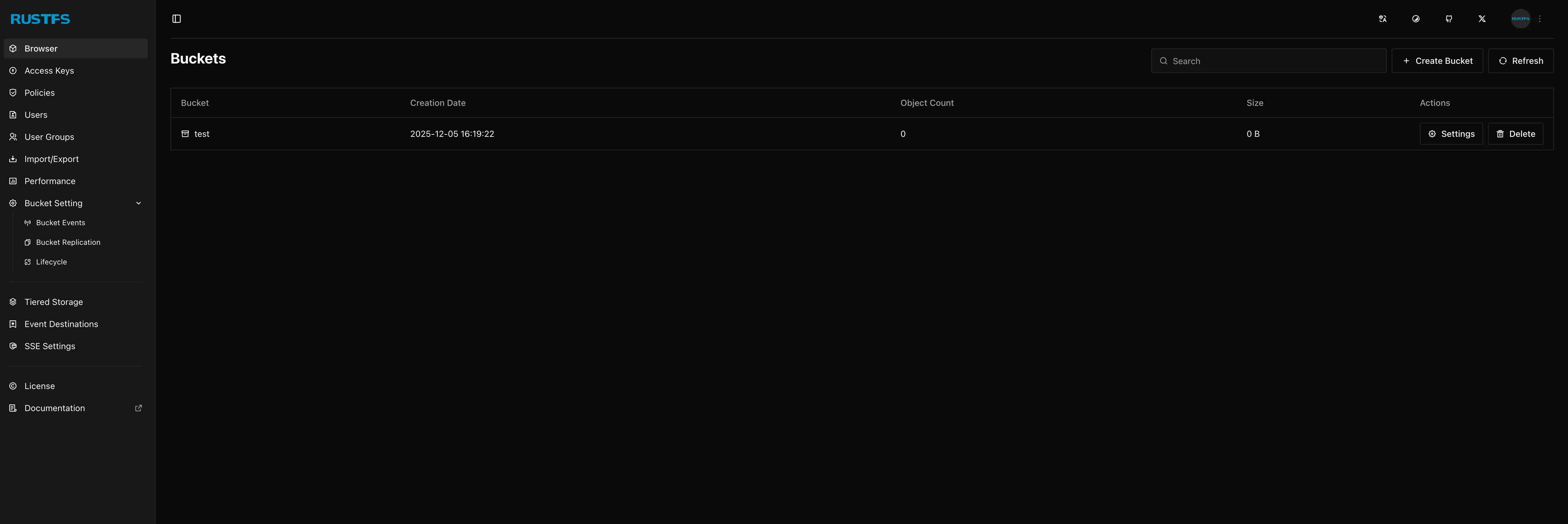 RustFS web console showing buckets and object management after a Docker Compose deployment