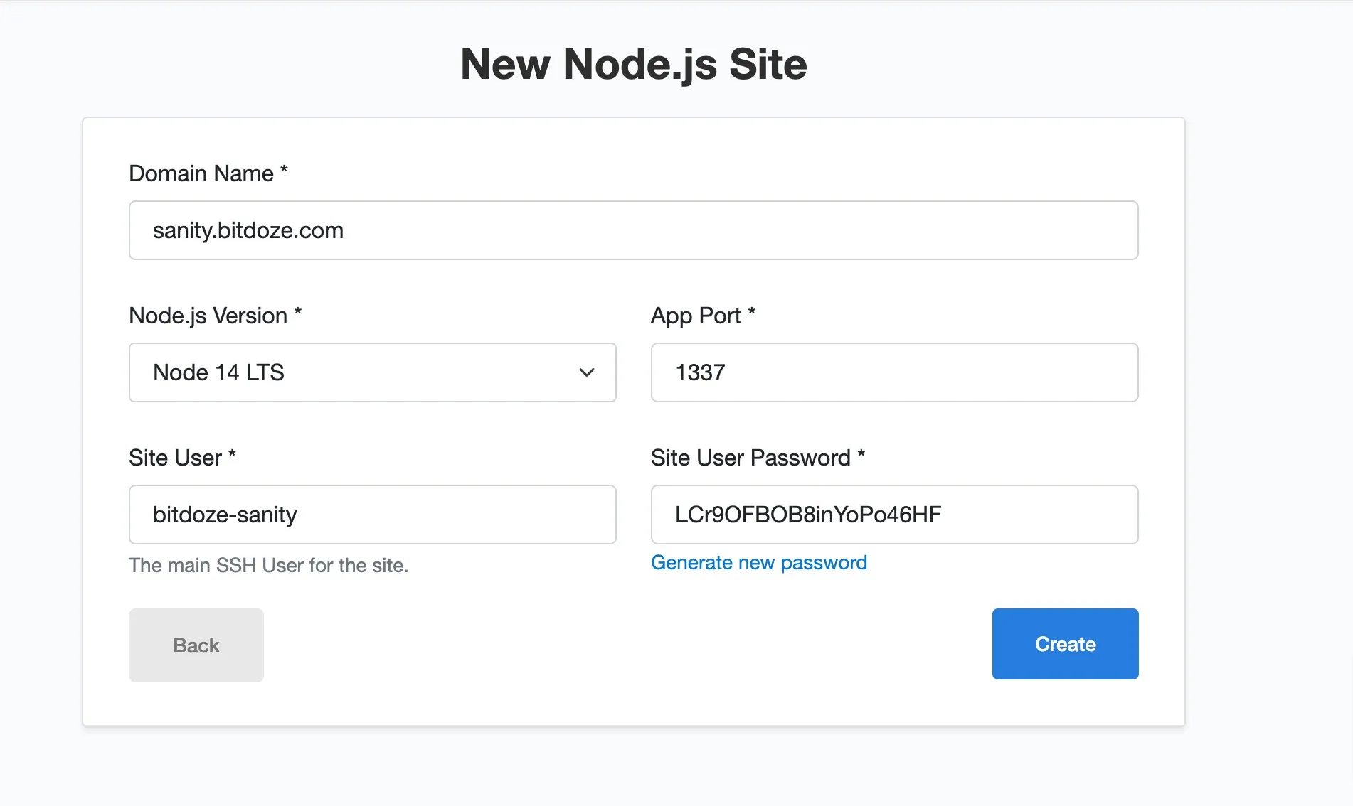 CloudPanel Add Site dialog creating a Node.js site with the Node.js version dropdown and app port field