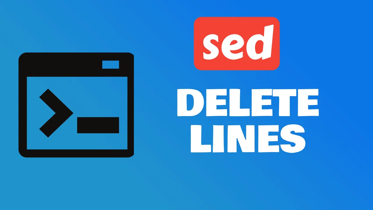 Terminal window showing sed commands that delete lines from a text file by line number, range, and pattern