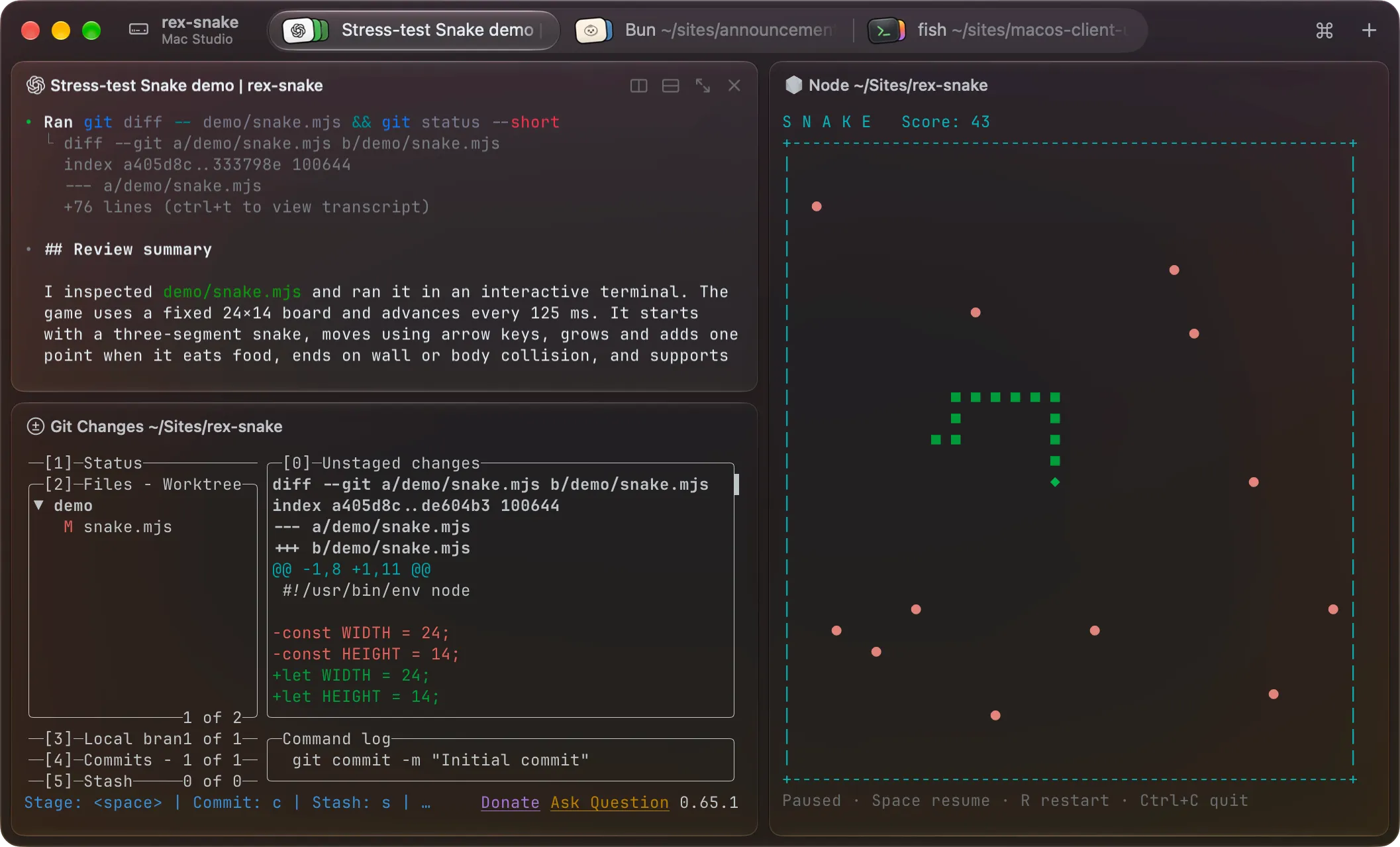 The Rex macOS app: session tabs across the top, split panes running a Codex code review, a git diff TUI, and a Snake game