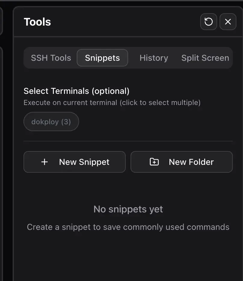Termix tools sidebar with SSH tools, snippets, and command history