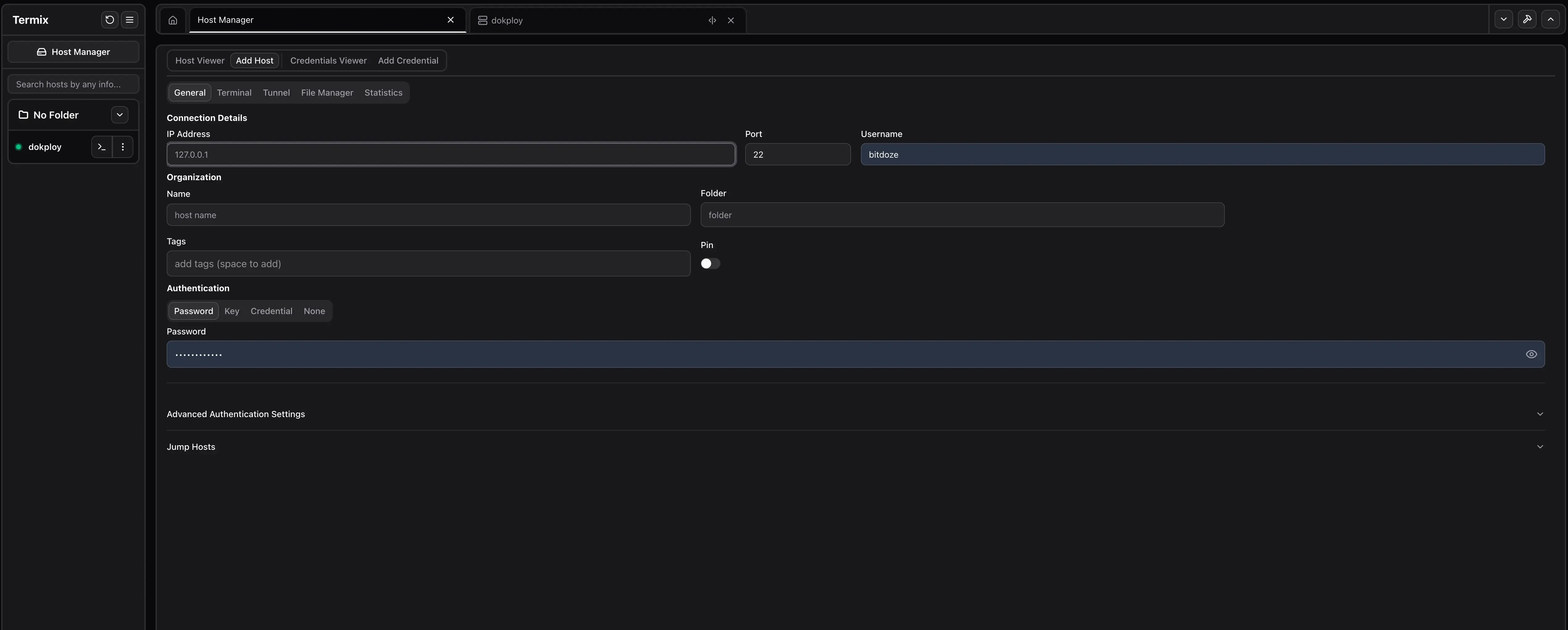 Termix host manager for adding SSH hosts, tags, and jump hosts