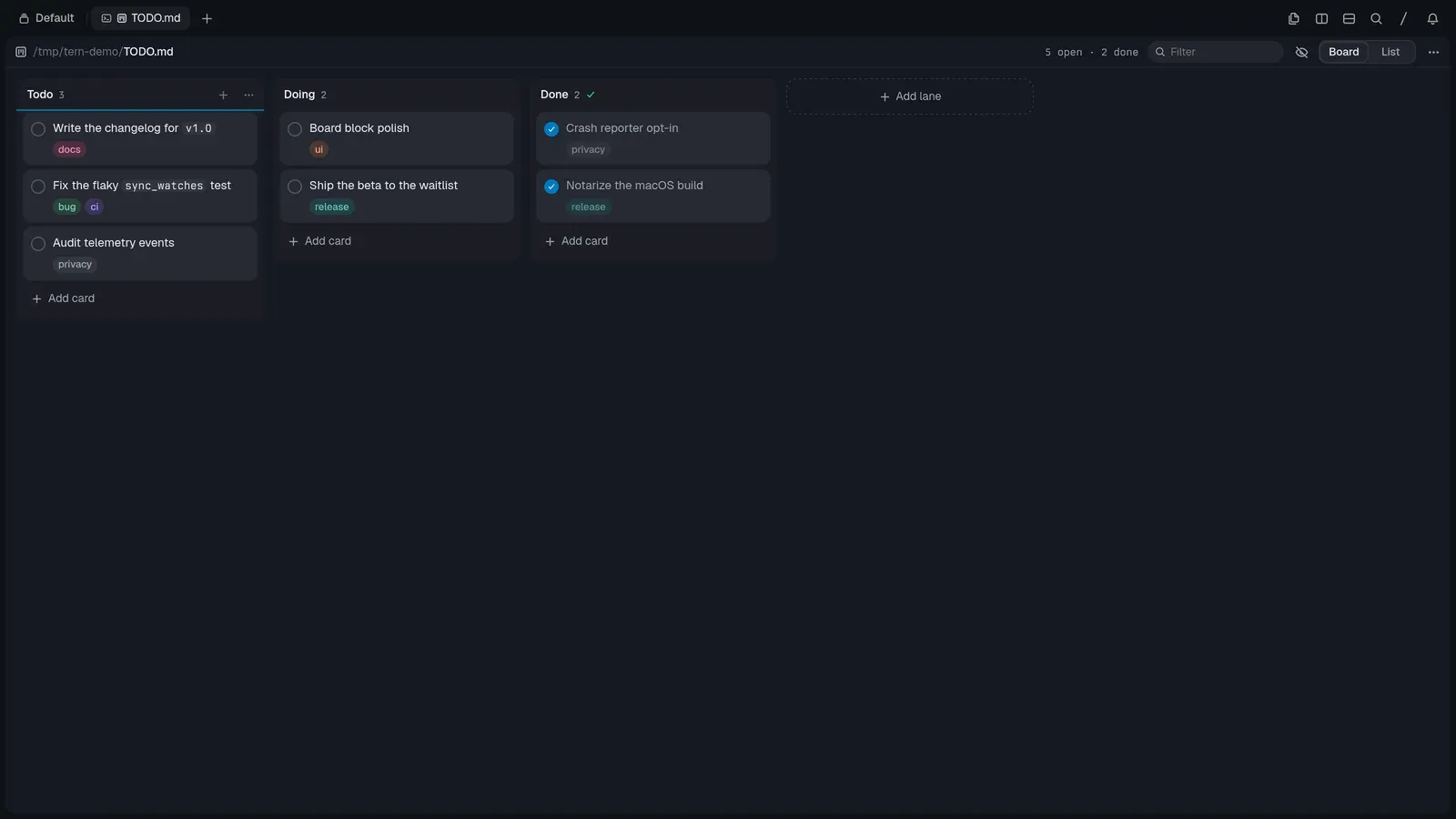 A TODO.md rendered as a kanban board in Tern’s board block