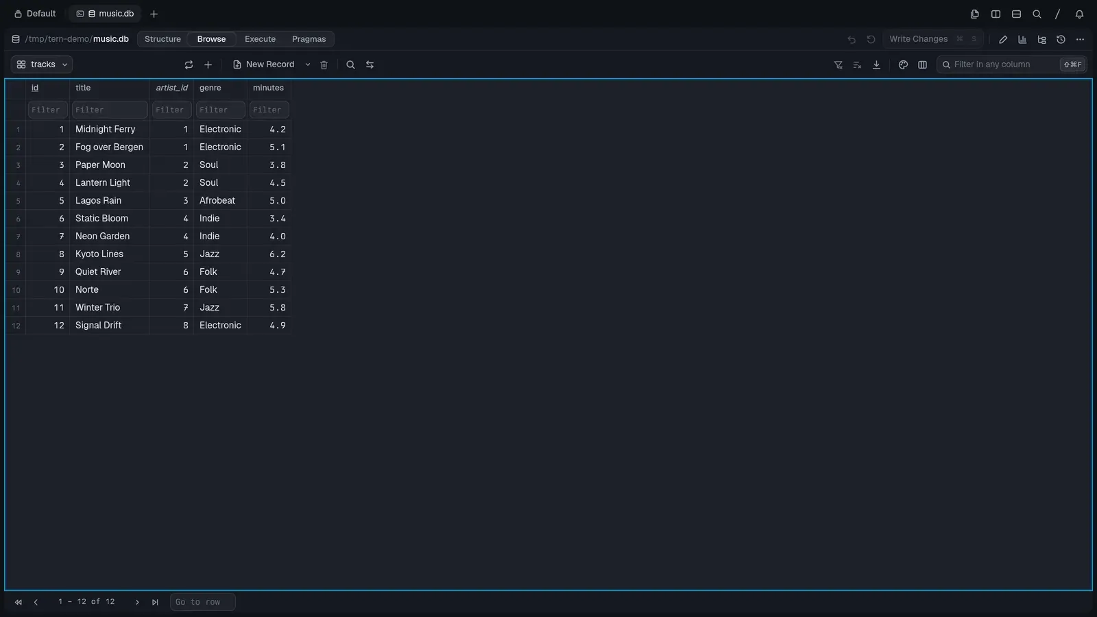 Browsing a table in Tern’s database block