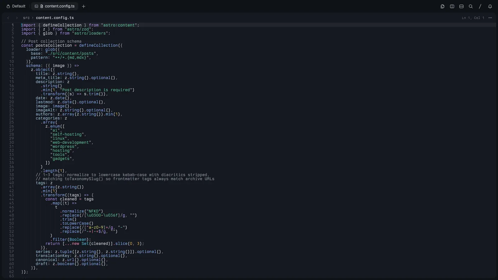A TypeScript file open in Tern’s file block with syntax highlighting
