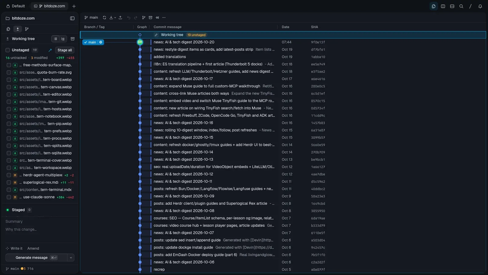 Tern’s git block: working tree with unstaged files beside the commit graph