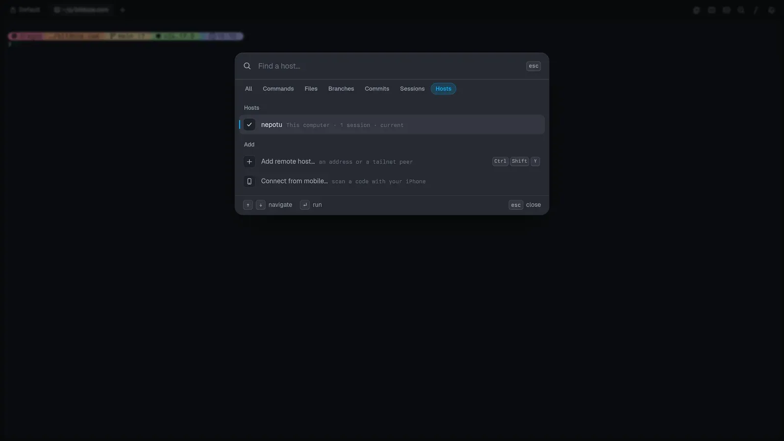 The Hosts picker in Tern’s command palette showing the local machine and add-remote options