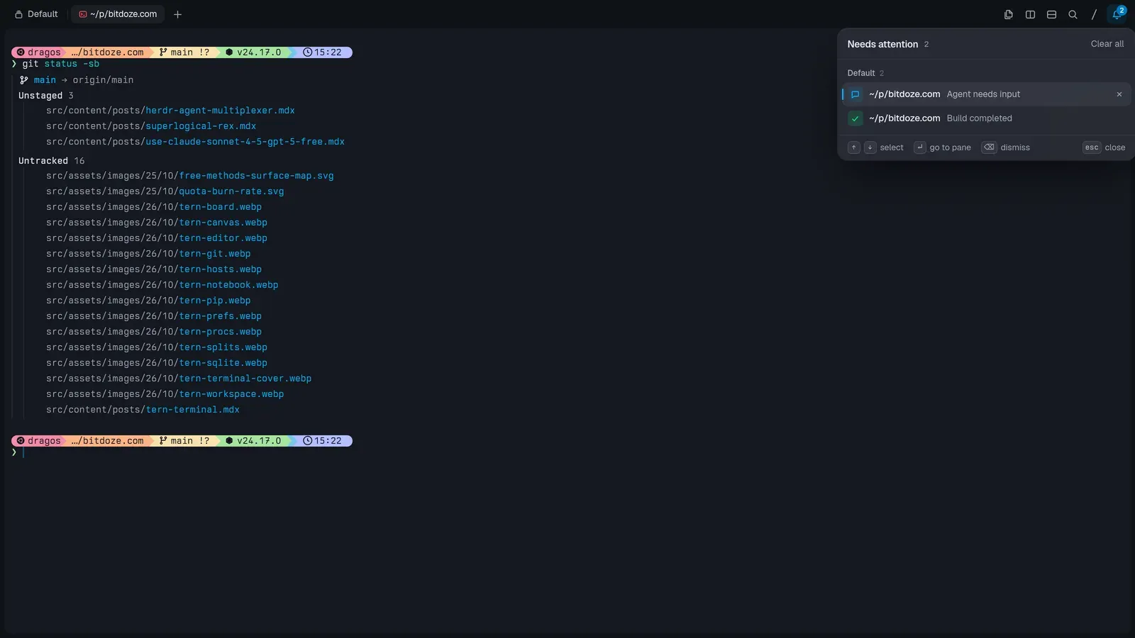 Tern’s inbox collecting notifications from panes: agent waiting for input, build completed