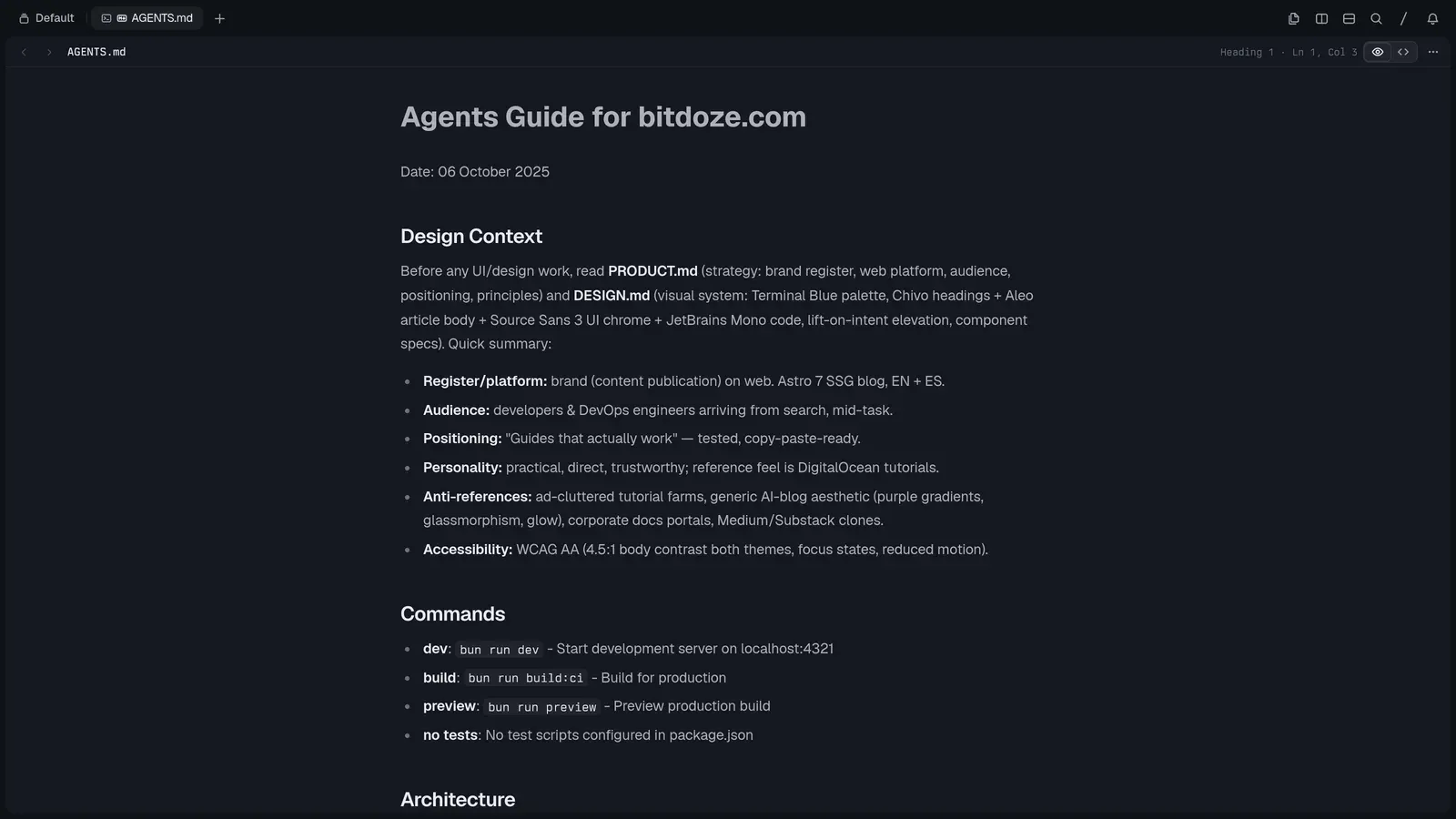 AGENTS.md rendered as a document inside Tern’s file block
