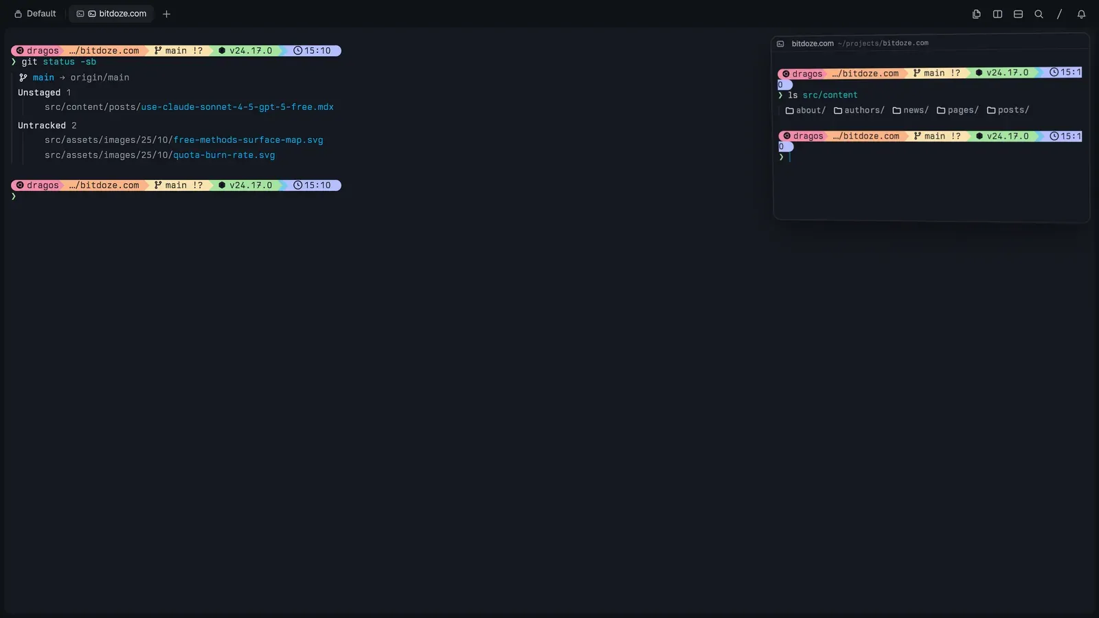 A terminal pane floated out as a picture-in-picture window in Tern