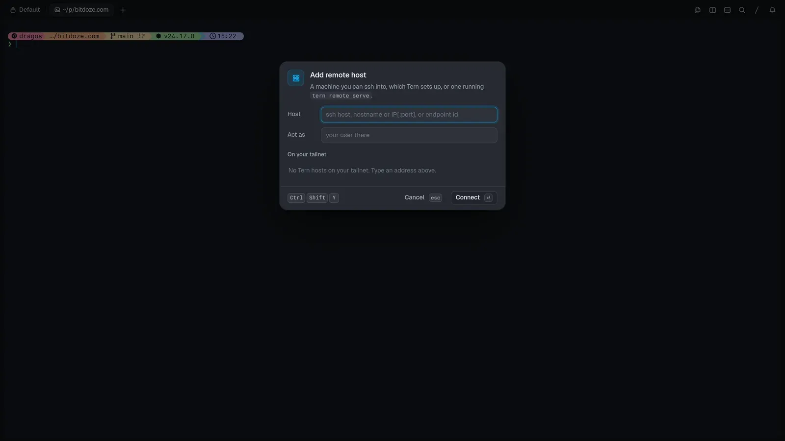 Adding a remote host in Tern: ssh address, act-as user, tailnet peers
