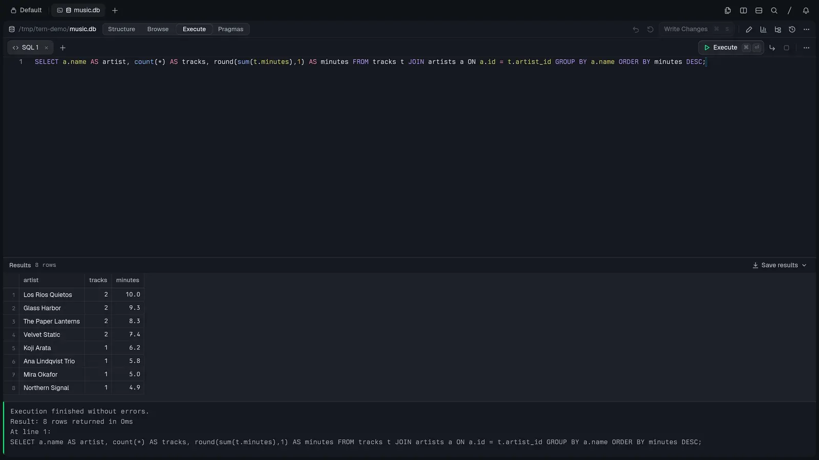 Running a SQL query in Tern’s database block with results in a grid