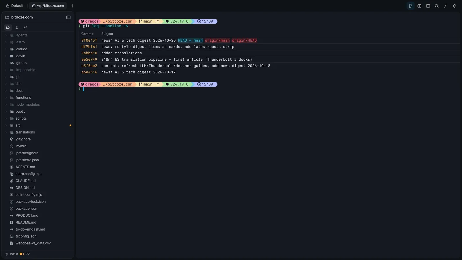 Tern workspace: the Files pane tracking the project next to a shell with git log output