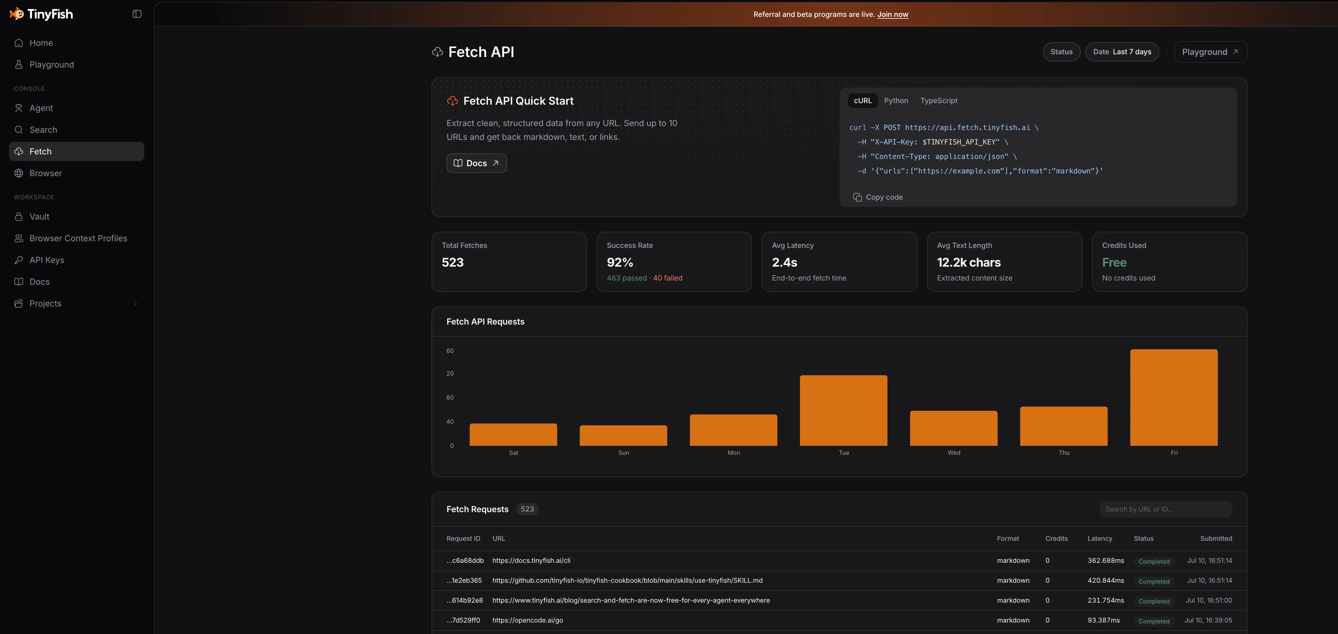 TinyFish Fetch API stats