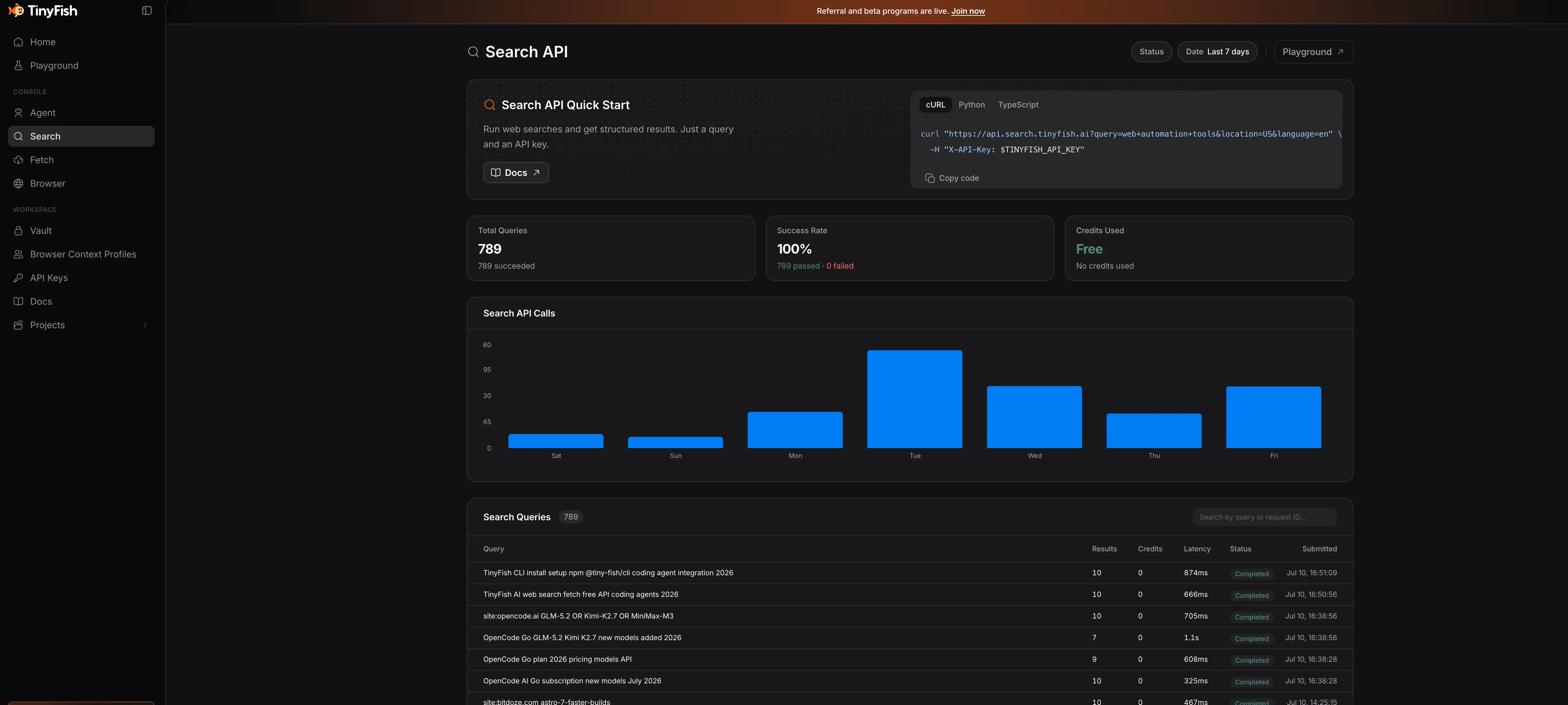 TinyFish Search API stats