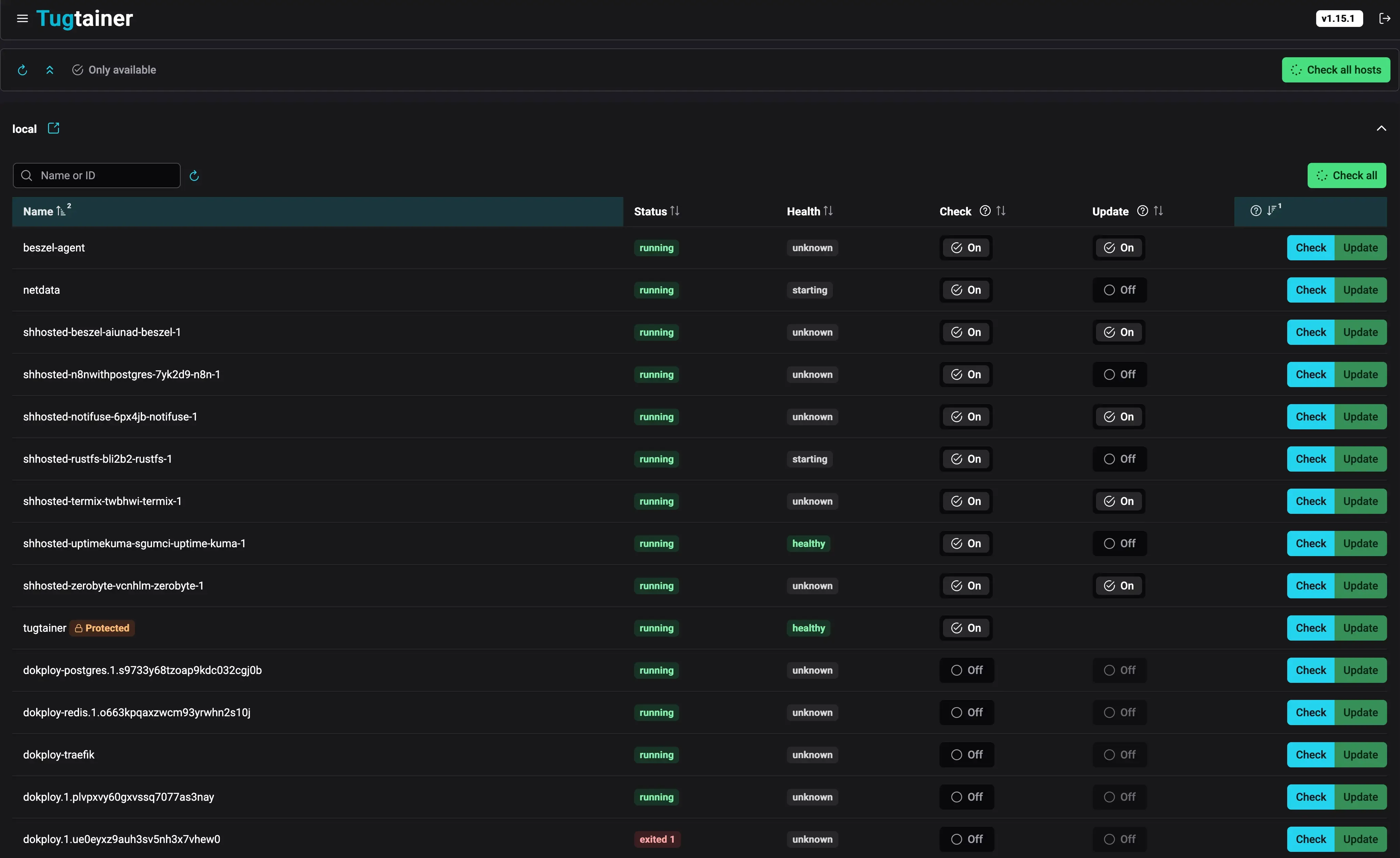 Tugtainer containers list view showing detailed container information