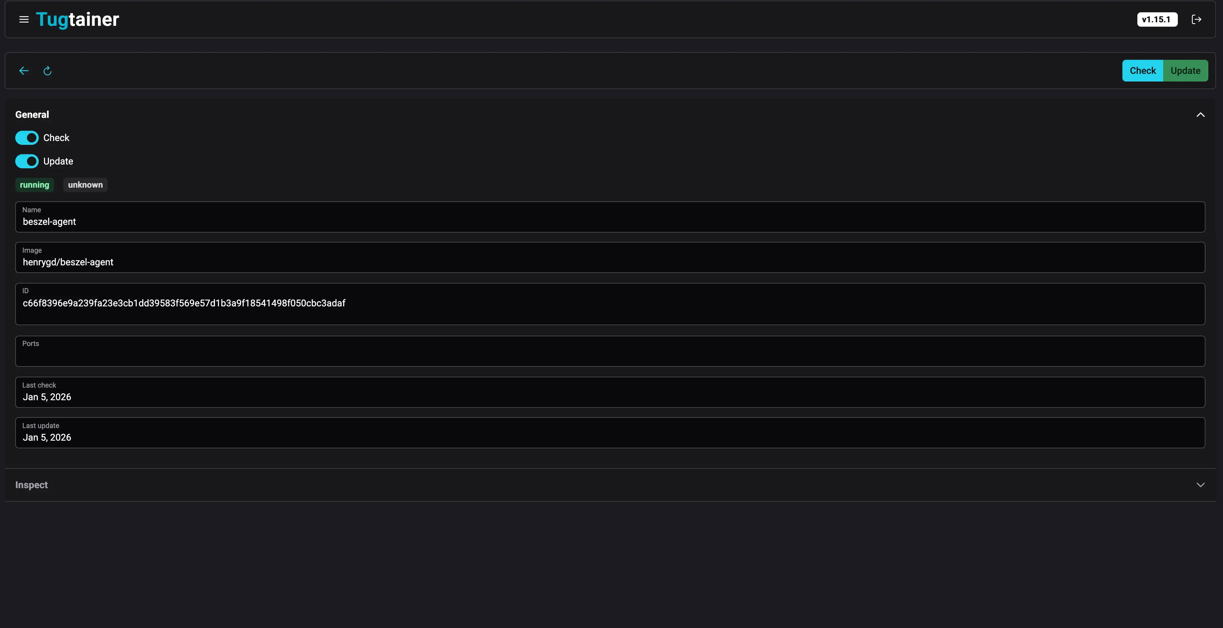 Tugtainer single container detail view showing configuration options