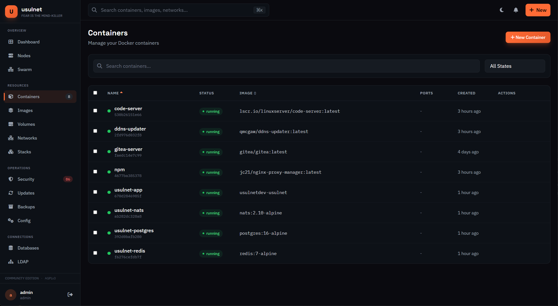 Interfaz de gestion de contenedores UsulNet mostrando lista con estadisticas en tiempo real