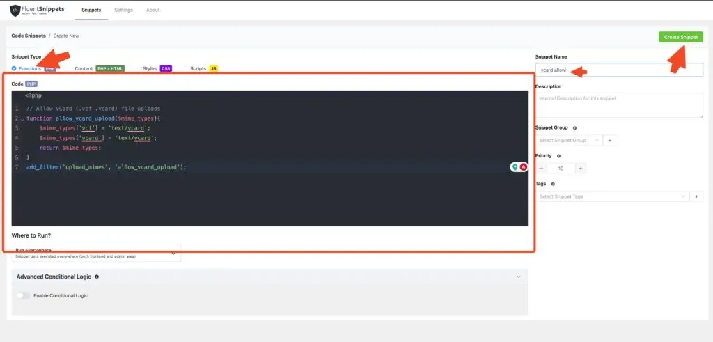 FluentSnippets code snippet to allow vCard uploads in WordPress admin