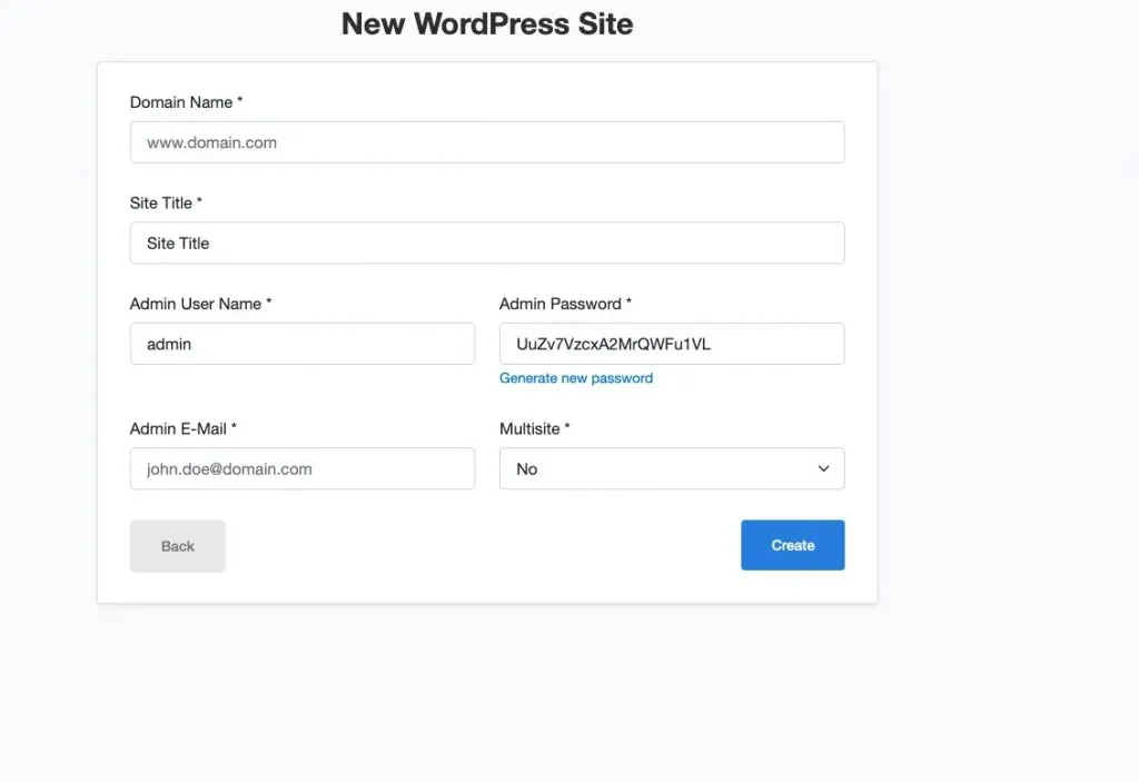 Formulario de datos del sitio WordPress en CloudPanel