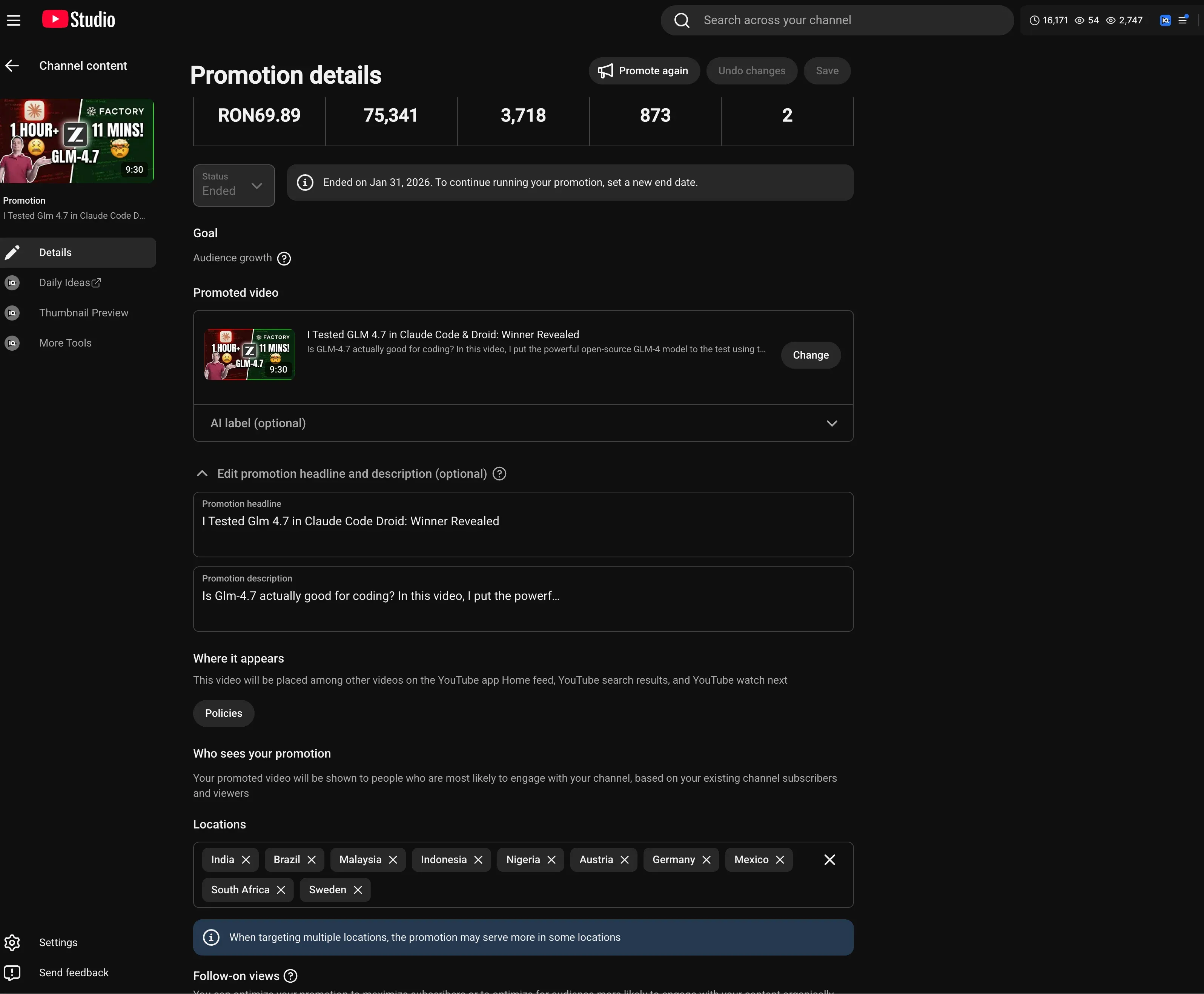 YouTube Studio promotion details page showing goal, promoted video, headline, description, and location targeting for an ended campaign