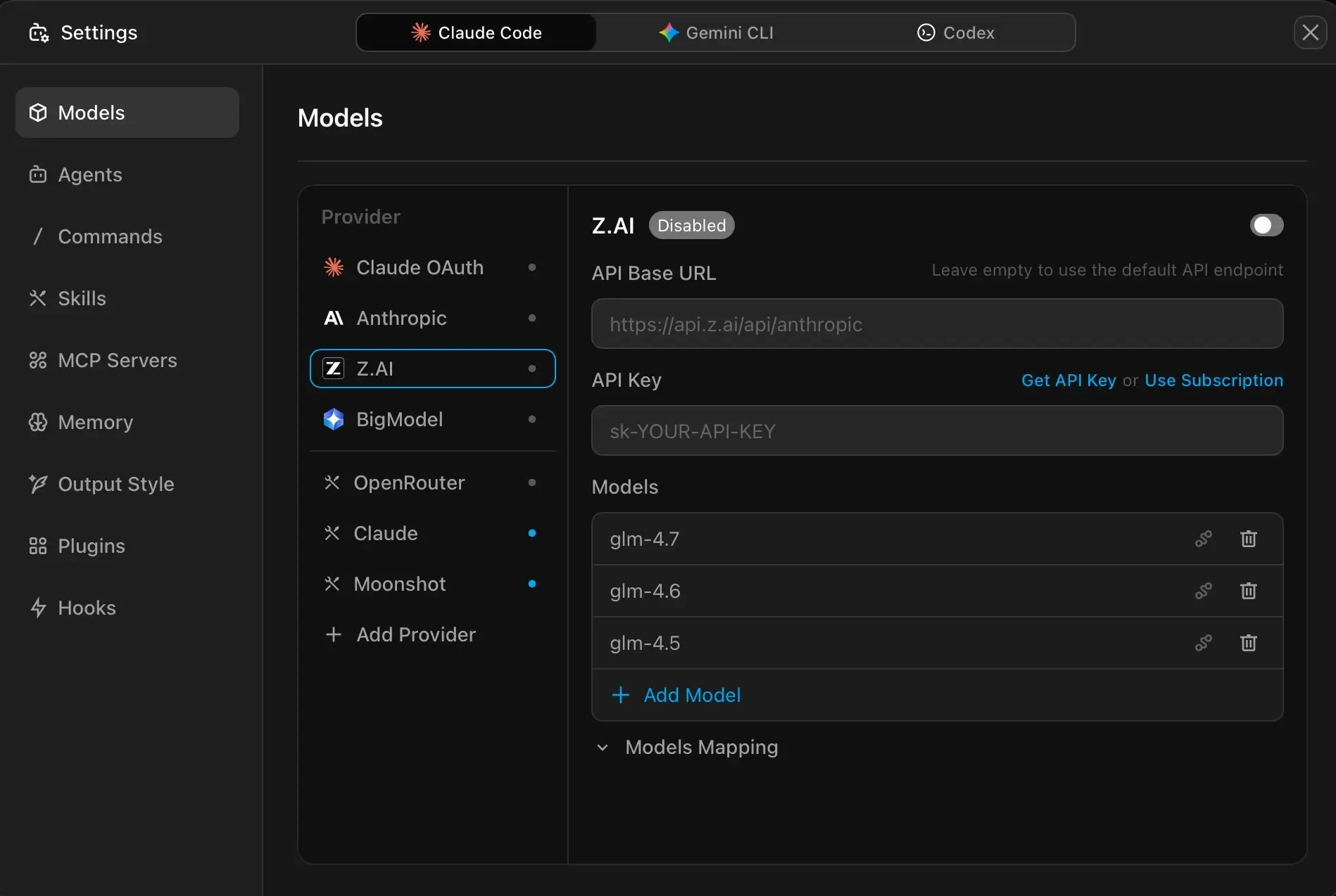 Panel de configuración de modelos de Z Code con ajustes de proveedores de IA