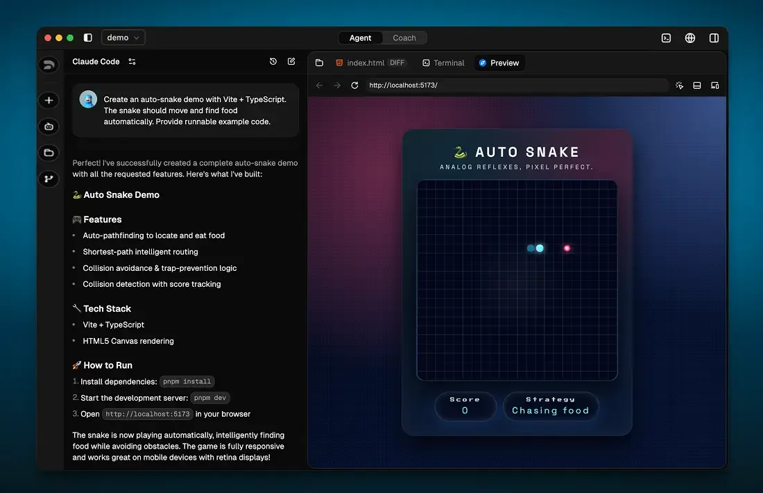 Interfaz principal de ZCode con gestor de archivos, terminal y chat del agente