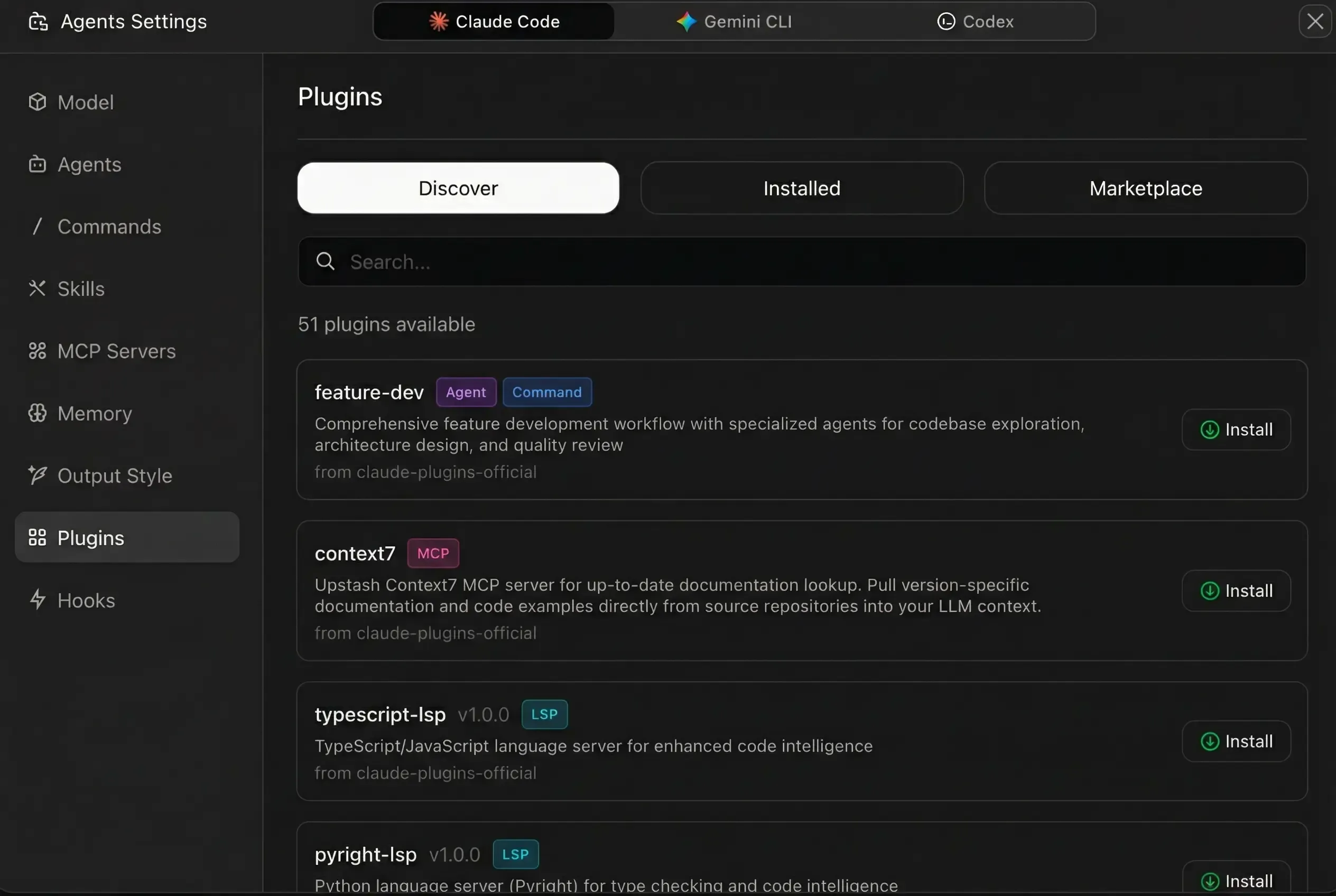 Marketplace de plugins de Z Code mostrando plugins disponibles para agentes, comandos, MCP y LSP